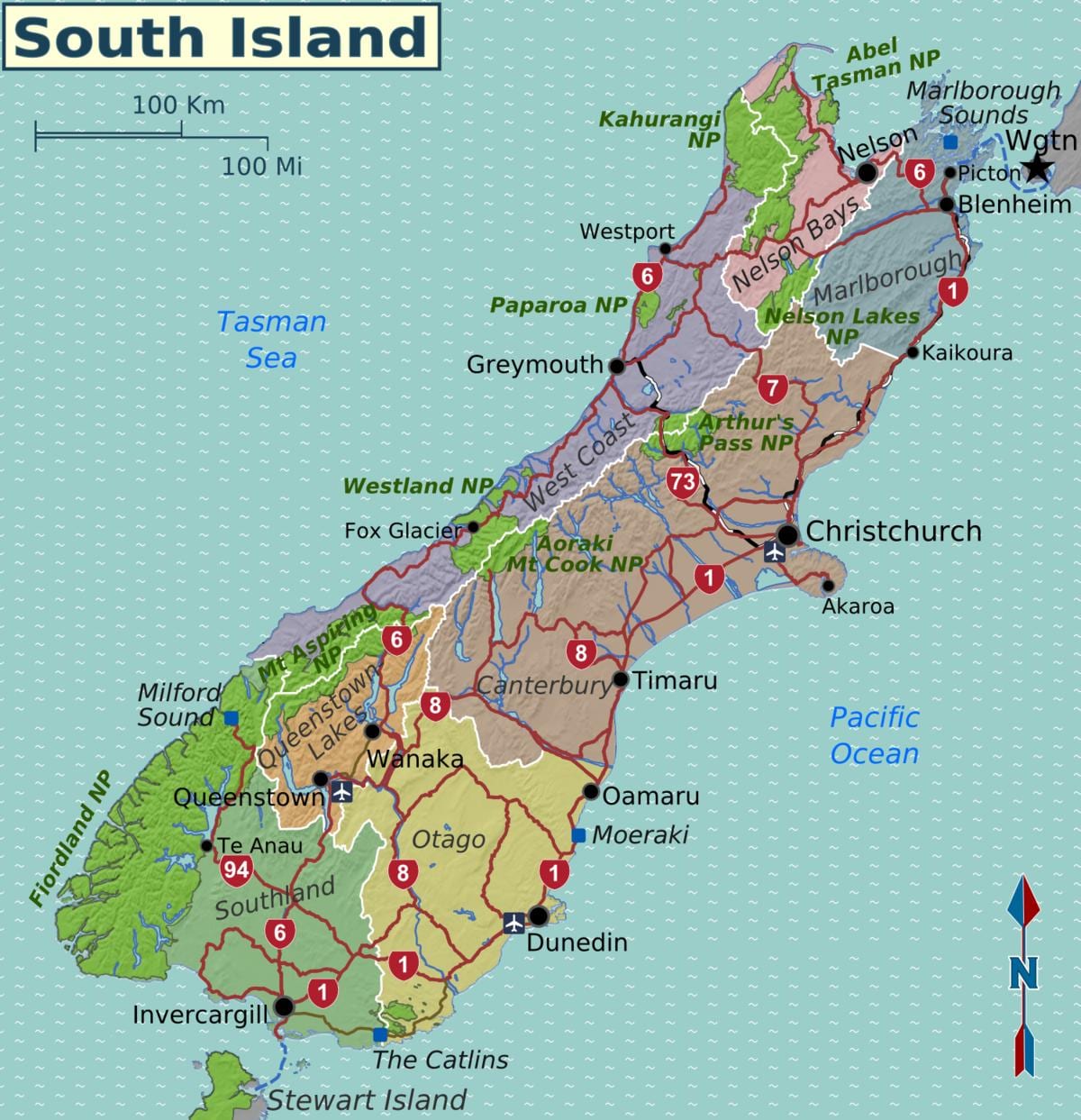 Kort over det sydlige island i new zealand regioner