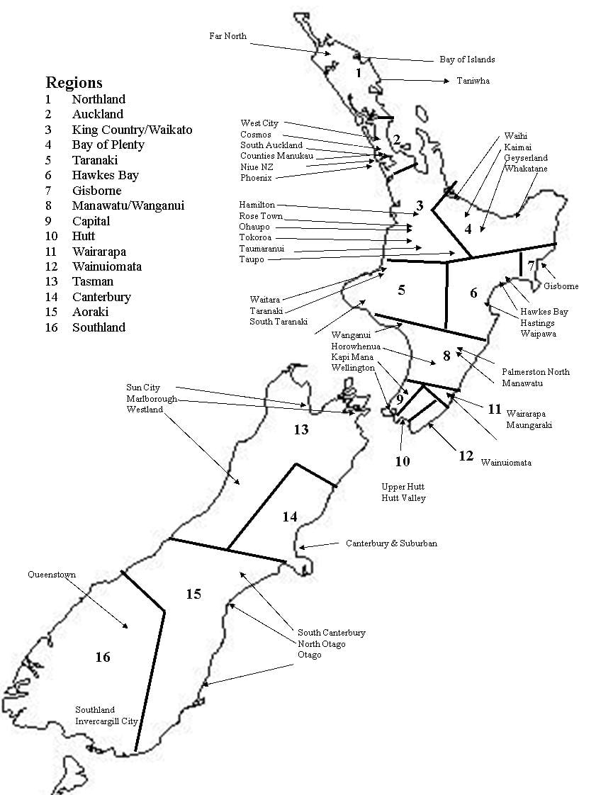 sort / hvidt kort over new zealand