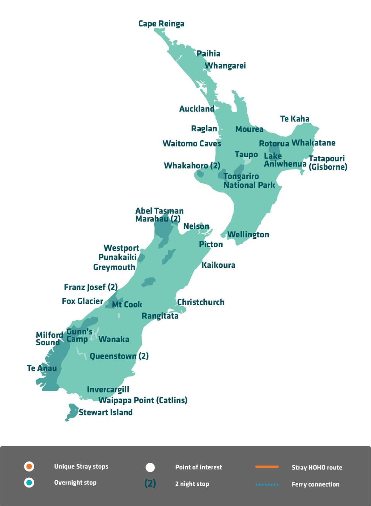 Kort over new zealand sightseeing