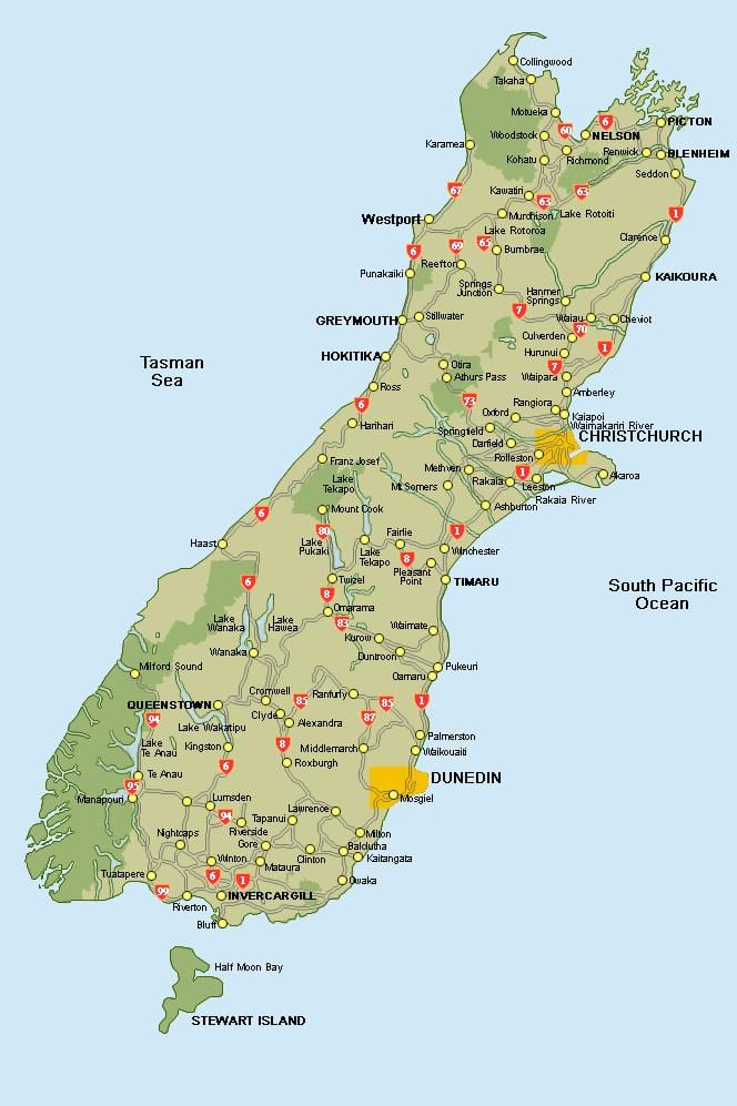 new zealand kort syd øen køreplan