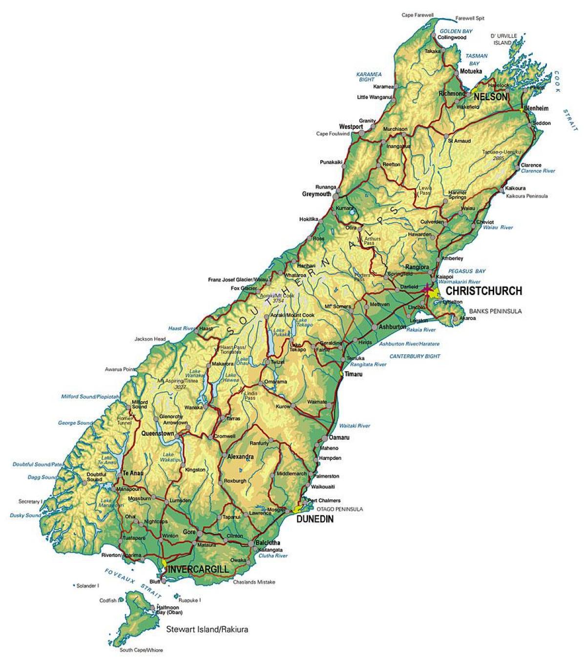 Kort over new zealand-south island travel