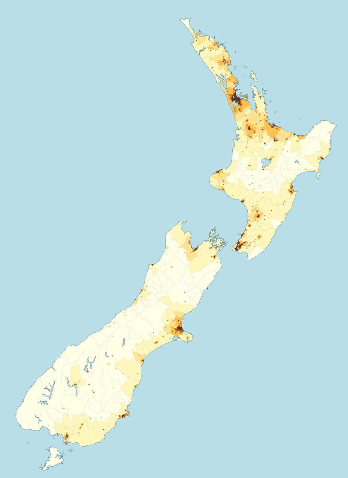 new zealand befolkningstæthed kort