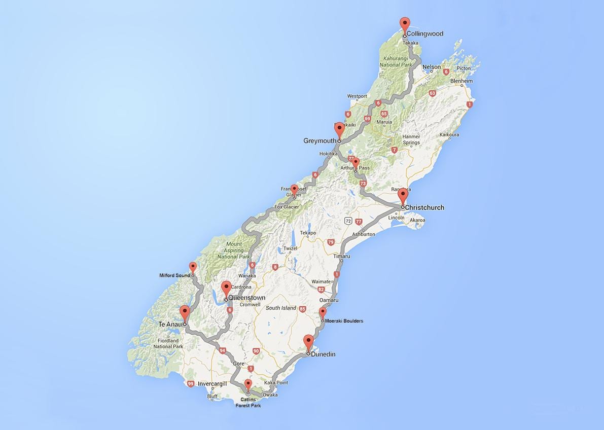 detaljeret køreplan for south island, new zealand