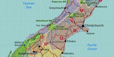 Kort over det sydlige island i new zealand regioner