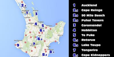 Kort over new zealand-north island attraktioner